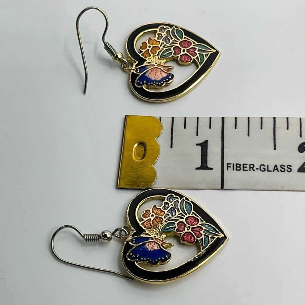 VTG Earrings Cloisonne Flower Butterfly Gold Tone 80s Jewelry Heart Gift Black - Picture 8 of 8
